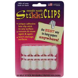 Stikki Clips Self-Stick Reusable Paper Holders, White, 20 Per Pack, 6 packs