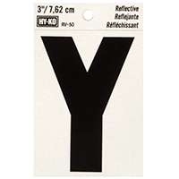 HY-KO RV-50/Y Reflective Letter, Character: Y, 3 in H Character, Black Character, Silver Background, Vinyl