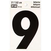 HY-KO RV-50/9 Reflective Sign, Character: 9, 3 in H Character, Black Character, Silver Background, Vinyl
