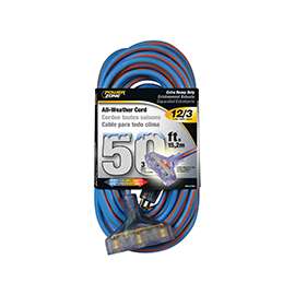 PowerZone Extension Cord, 12 AWG Cable, 5-15P Grounded Plug, 5-15R Grounded Receptacle, 50 ft L, 15 A, 125 V