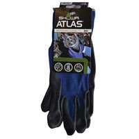 ATLAS 380L-08.RT Lightweight Coated Gloves, L, 8-21/32 to 10-15/64 in L, Elastic Cuff, Nitrile Foam Coating, Black/Blue