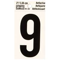 HY-KO RV-25/9 Reflective Sign, Character: 9, 2 in H Character, Black Character, Silver Background, Vinyl