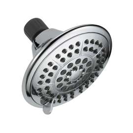 DELTA 75554C Shower Head, Round, 1.75 gpm, 1/2 in Connection, IPS, 5-Spray Function, Plastic, Chrome, 4-15/16 in Dia