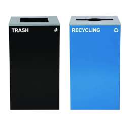 29 Gallon Trash/Recycling Cans, Steel, Blue Recycling with Mixed Lid, Black Trash Can with Square Lid