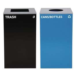 29 Gallon Trash/Recycling Cans, Steel, Blue Cans/Bottles Recycling with Circle Lid, Black Trash Can with Square Lid