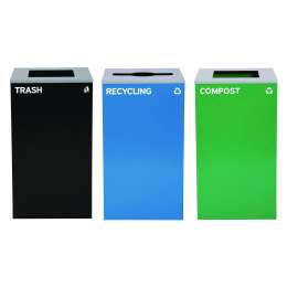 29 Gallon Trash/Recycling Cans, Steel, Blue Recycling Can/Mixed Lid, Green Compost Can and Black Trash Can with Square Lids