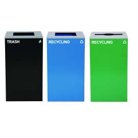 29 Gallon Trash/Recycling Cans, Steel, Blue Recycling Can and Black Trash Can w/Sq Lid, Green Recycling Can with Mixed Lid