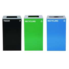 29 Gallon Trash/Recycling Cans, Steel, Blue Recycling Can w/Mixed Lid, Green Recycling Can and Black Trash Can with Sq Lid