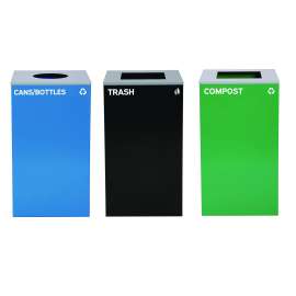 29 Gallon Trash/Recycling Cans, Steel, Blue Cans/Bottles with Circle Lid, Green Compost and Black Trash Cans with Square Lids