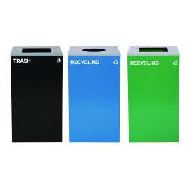 29 Gallon Trash/Recycling Cans, Steel, Blue Recycling Can w/Circle Lid, Green Recycling Can and Black Trash Can w/Square Lids