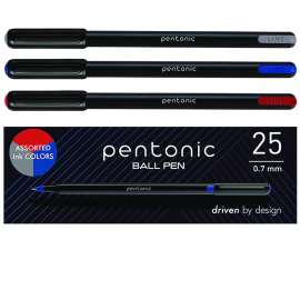 PENTONIC Fine Point Ballpoint Pens, 0.7 mm, Assorted Ink Colors, Black Barrel, 25/Pack