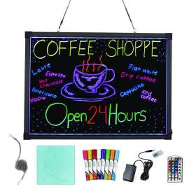 LED Illuminated Hanging Message Writing Board, 19.7" x 27.6", Black Surface, Black Aluminum Frame