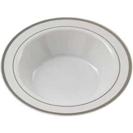 PLEXWARE 120 Pcs Round White Bowls with Silver Swirl Rim 7.5" Disposable Soup Bowls for Wedding/Party