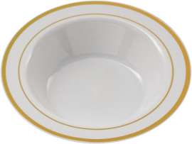 PLEXWARE 120 Pcs Round White Bowls with Golden Swirl Rim 7.5" Disposable Soup Bowls for Wedding/Party