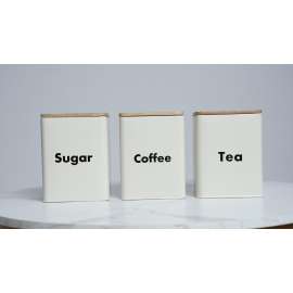 Plexon Kitchen Canister Set of 3 for Countertop with Airtight Bamboo Lids, 3-Piece Metal Coffee Sugar Tea Jars, Food Storage Tin Set, White