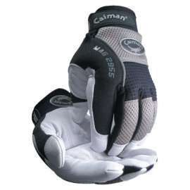 White Goat Grain Leather Palm Gloves, Large, White/Black/Gray