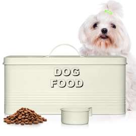 Plexon Dog Food Storage Container with Scoop, Metal Dog Food Container 10 lbs Holder Bin with Lid Small Pet Chow Storage Canister Tin, Treat Jars for Pets, 2 Gallons, Off-White