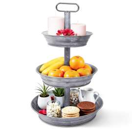 Plexon 3 Tiered Tray Stand, Metal Tiered Serving Tray with Slanted Sides, Round Seafood Tower, Centerpiece Three Tiered Serving Stand, Galvanized Steel Trays, Silver Farmhouse 3 Tier Stand for Fruit