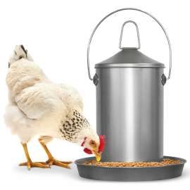 Plexon 6.6 Lb Stainless Steel Hanging Chicken Feeder no Waste Food-Grade - Poultry Feeder for Chicken Metal - Heavy Duty Reliable Long-Lasting with Handle