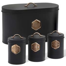 Plexon Bread Box for Kitchen Countertop with Coffee Sugar Tea Kitchen Storage Containers, Bread Box and Canisters Set for the Kitchen with Lid, Black