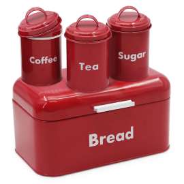 Plexon Bread Box for Kitchen Countertop, Bread Container with Coffee, Tea, Sugar Canisters, Metal 4-Piece Bread Box Set with Lids, Red