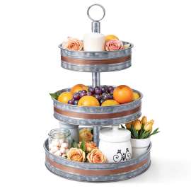 Plexon 3 Tiered Tray Stand, Metal Tiered Serving Tray, Round Seafood Tower, Centerpiece Three Tiered Serving Stand, Galvanized Steel Trays, Silver with Copper Trim Farmhouse 3 Tier Stand for Fruit