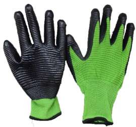 PLEXGLOVE Green Nylon Gloves with Black Nitrile Ribbed, 1 Dozen