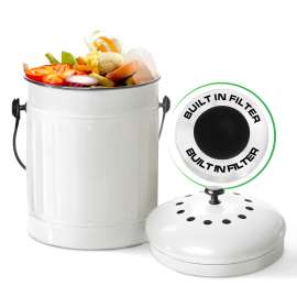Plexon Countertop Compost Bin with Lid, White 1.5 Gallon Odorless Kitchen Compost Container, Steel Food Compost Bucket for Kitchen with Charcoal Filter, Compost Pail for Kitchen Countertop