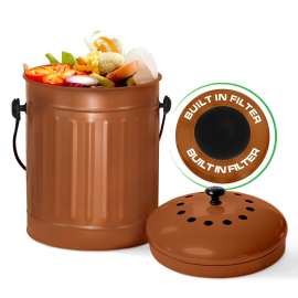 Plexon Countertop Compost Bin with Lid, Copper 1.5 Gallon Odorless Kitchen Compost Container, Steel Food Bucket Pail for Kitchen with Charcoal Filter, Bronze