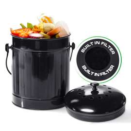 Plexon Countertop Compost Bin with Lid, Black 1.5 Gallon Odorless Kitchen Compost Container, Steel Food Compost Bucket for Kitchen with Charcoal Filter, Compost Pail for Kitchen Countertop