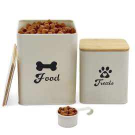Plexon Pet Food Storage Containers, Dog Food Storage Container with Spoon and Wood Lids, Set of 2 Pet Food Container, Beige