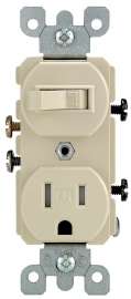 Leviton R51-T5225-0IS Duplex Combination Switch/Receptacle, 120 V Switch, 125 V Receptacle, 1-Pole, 14 to 12 AWG