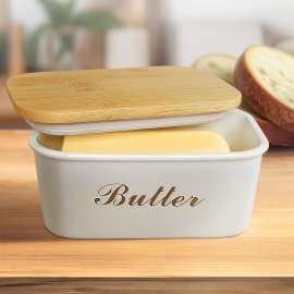 Plexon Off-white Farmhouse Butter Dish with Lid Bamboo, Metal Butter Dish, Butter Tub Holder, Airtight Container Keeper with Wood Cover for Refrigerator, Covered