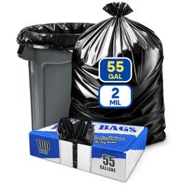PLASTIC PRINCE 55 Gallon Trash Bags 2 Mil Large Garbage Bags for Rubbermaid Brute 44-55 Gallon Trash Cans 38x58 Black Trash Can Liners, Pack of 100