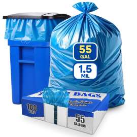 PLASTIC PRINCE 55-60 Gallon Trash Bags Heavy Duty 2 Mil Fits Rubbermaid Brute Rollout Round and Square 32-55 Gallon Trash Cans 43 x 47 Large Durable Garbage Trash Can Liners, Blue Pack of 100