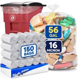PLASTIC PRINCE 56 Gallon Trash Bags, Clear Trash Bags 43"W × 47"L, 16 Micron Clear Garbage Bags, 56 Gal High-Density Garbage Can Liners, Fits Square and Round Trash Cans, Pack of 150