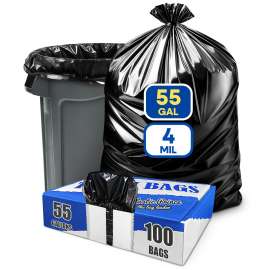Plastic Prince 55 Gallon Trash Bags 37" x 50" Black Garbage for Heavy Industrial Use Contractor Bags 4 Mil, Black 100/Case