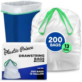 PLASTIC PRINCE Trash Drawstring Garbage Bags - 200 Count (White) 0.8 Mil, 13 Gallon