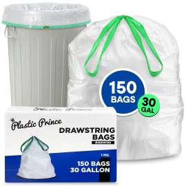 PLASTIC PRINCE 30 Gallon Trash Bags Drawstring White Garbage Bags 30 gallon 30" x 33" Trash Can Liners 1 Mil, Pack of 150