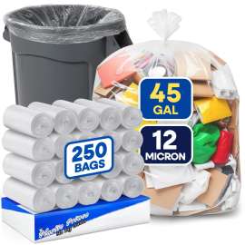 PLASTIC PRINCE 40-45 Gallon Trash Bags, Clear Trash Bags 40"W × 48"L, 12 Micron Clear Garbage Bags, 40-45 Gal High-Density Garbage Can Liners, Fits Square and Round Trash Cans, Pack of 250