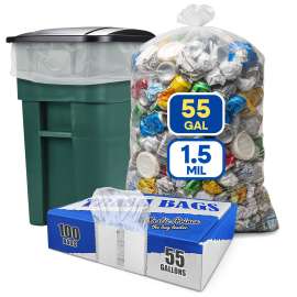 PLASTIC PRINCE 55-60 Gallon Trash Bags 2 Mil Fits Rubbermaid Brute Round and Square 32-55 Gallon Rollout Containers 43x47 Trash Can Liners Clear Garbage Bags 55 Gallon, Pack of 100
