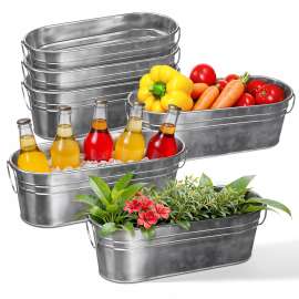 Plexon Small Galvanized Tub with Handles, 12 inch Oval Planter Tub for Decor Wedding, Multiuse Metal Tub Champagne Bucket for Beer Bottles Wine Tub for Parties, 0.7 Gall, Set of 6