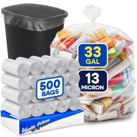 PLASTIC PRINCE 32-33 Gallon Trash Bags, Clear Trash Bags 33"W × 40"L, 13 Micron Clear Garbage Bags, 32-33 Gal High-Density Garbage Can Liners, Fits Square and Round Trash Cans, Pack of 500
