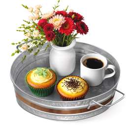 Plexon Metal Serving Tray, Galvanized Tray 12" D with Handles and Copper Decor Trim, Centerpiece Round Coffee Table Steel Silver Trays for Serving Indoor and Outdoor for Valentines Day