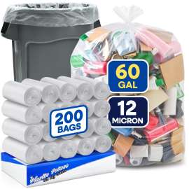 PLASTIC PRINCE 55-60 Gallon Trash Bags, Clear Trash Bags 38"W × 60"L, 12 Micron Clear Garbage Bags, 55-60 Gal High-Density Garbage Can Liners, Fits Square and Round Trash Cans, Pack of 200