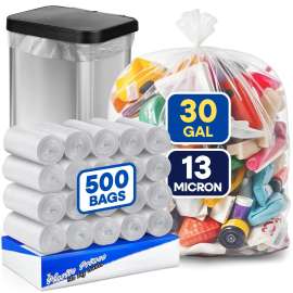 PLASTIC PRINCE 20-30 Gallon Trash Bags, Clear Trash Bags 30"W × 37"L, 13 Micron Clear Garbage Bags, 20-30 Gal High-Density Garbage Can Liners, Fits Square and Round Trash Cans, Pack of 500