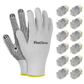 PLEXGLOVE 144 Pairs Medium White Safety Gloves for Men/Women, String Knit Black PVC Dots On Single Side Work Gloves, Heavy Duty Garden Yard Gloves