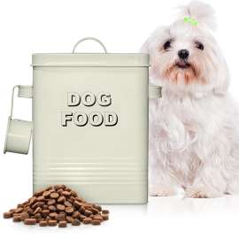 Plexon Dog Food Storage Container with Scoop, Metal Dog Food Container Holder Treat Bin with Lid Small Pet Chow Storage Canister Tin 1.5 Gallon, 7 lbs, Off-White