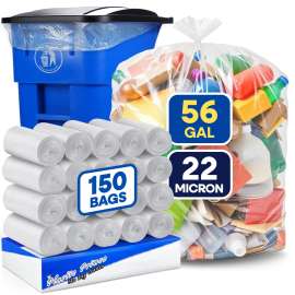 PLASTIC PRINCE 56 Gallon Trash Bags, Clear Trash Bags 43"W × 47"L, 22 Micron Clear Garbage Bags, 56 Gal High-Density Garbage Can Liners, Fits Square and Round Trash Cans, Pack of 150