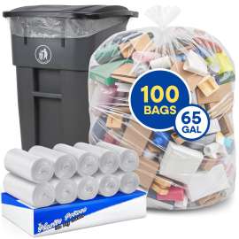 PLASTIC PRINCE 65 Gallon Trash Bags, Clear Trash Bags 48"W × 60"L, 22 Micron Clear Garbage Bags, 65 Gal High-Density Garbage Can Liners, Fits Square and Round Trash Cans, Pack of 100
